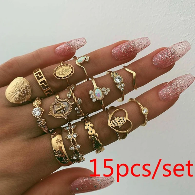 15 Pcs/Set Bohemian Heart Opal Coins V Shaped Rings For Women Vintage Jewelry Gold Color Hollow Geometric Rings Set Z3M200
15 Pcs/Set Bohemian Heart Opal Coins V Shaped Rings For Women Vintage Jewelry Gold Color Hollow Geometric Rings Set Z3M200
