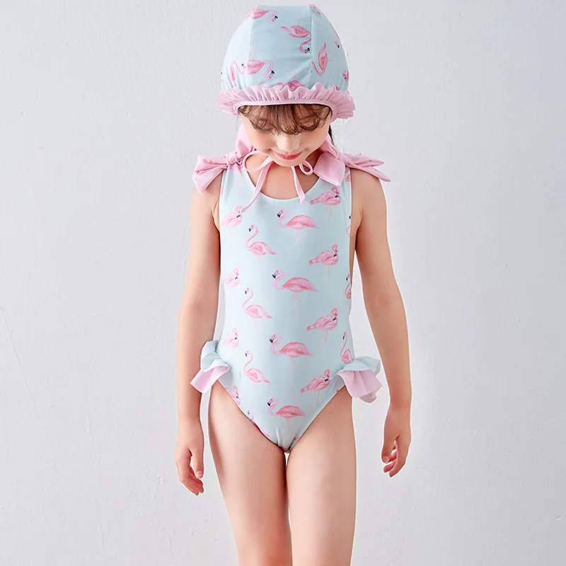 

Bikini 2019 Upgraded Kids Girls Two Pieces With Swim Cap Halter Bow Swimsuit Flamingo Print Swimwear Beach Wear Biquini S91201X