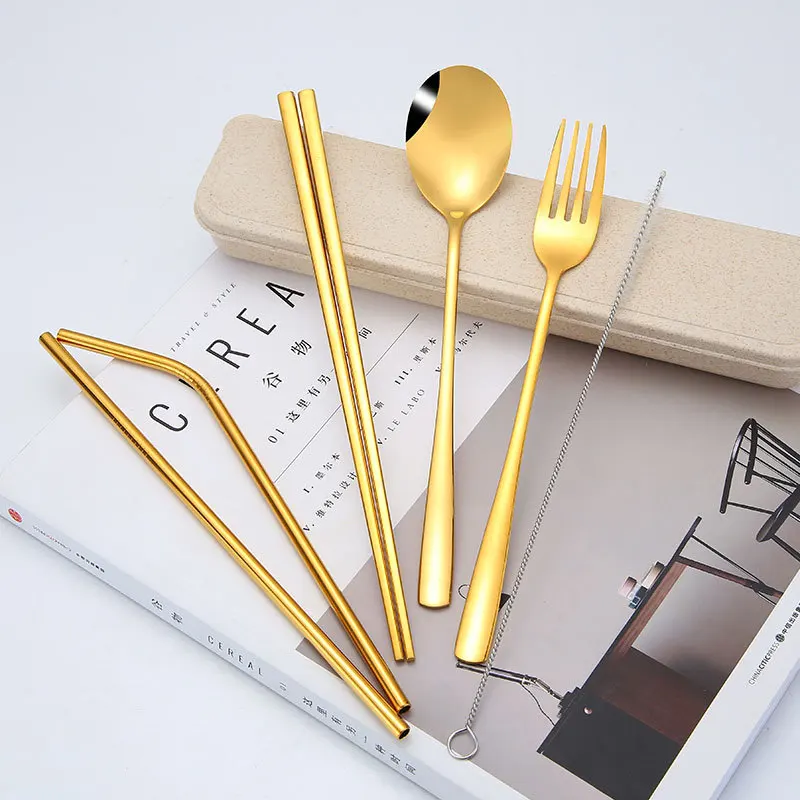 

3PCS Stainless Steel Dinnerware Set Spoon Fork Chopsticks Straw With Cloth Pack Cutlery For Travel Outdoor Office Picnic BBQ