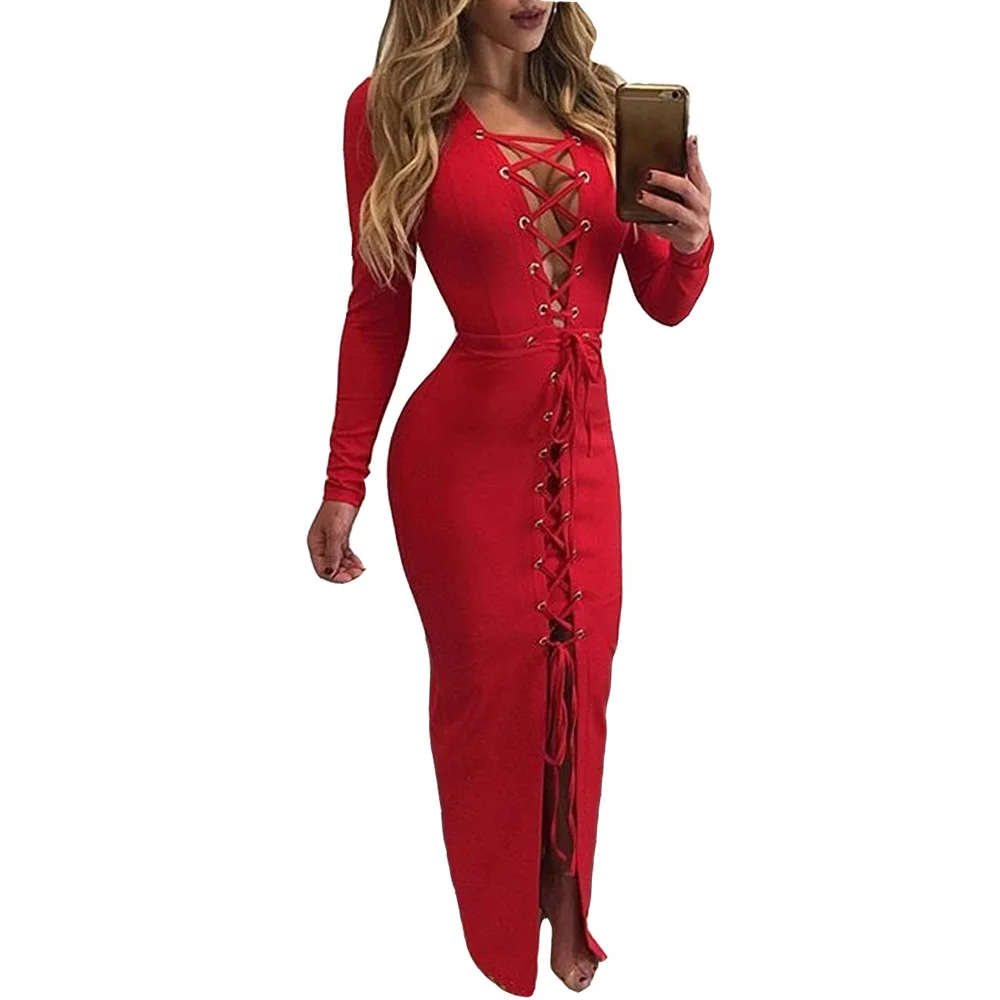 Lace Up Deep V-Neck Women Sexy Maxi Dress Bodycon Solid Long Sleeve High Waist Party Club Pencil Dress Fit Bandage Long Vestido
Lace Up Deep V-Neck Women Sexy Maxi Dress Bodycon Solid Long Sleeve High Waist Party Club Pencil Dress Fit Bandage Long Vestido