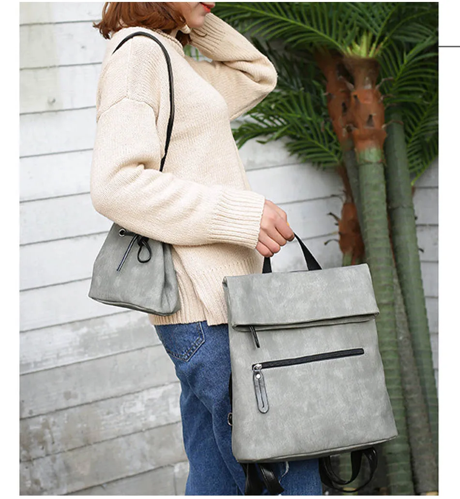 iStylishMall- 2 PCS/SET Vintage Backpack Women PU Leather Backpacks with Shoulder Bag School Bags for Teenagers Black Female mochila