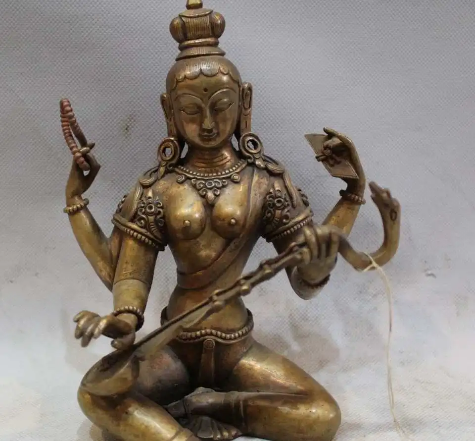 8" Old Tibet Buddhism Temple Pure Bronze Seat 4 arm Pipa Lute Kwan-Yin Guanyin