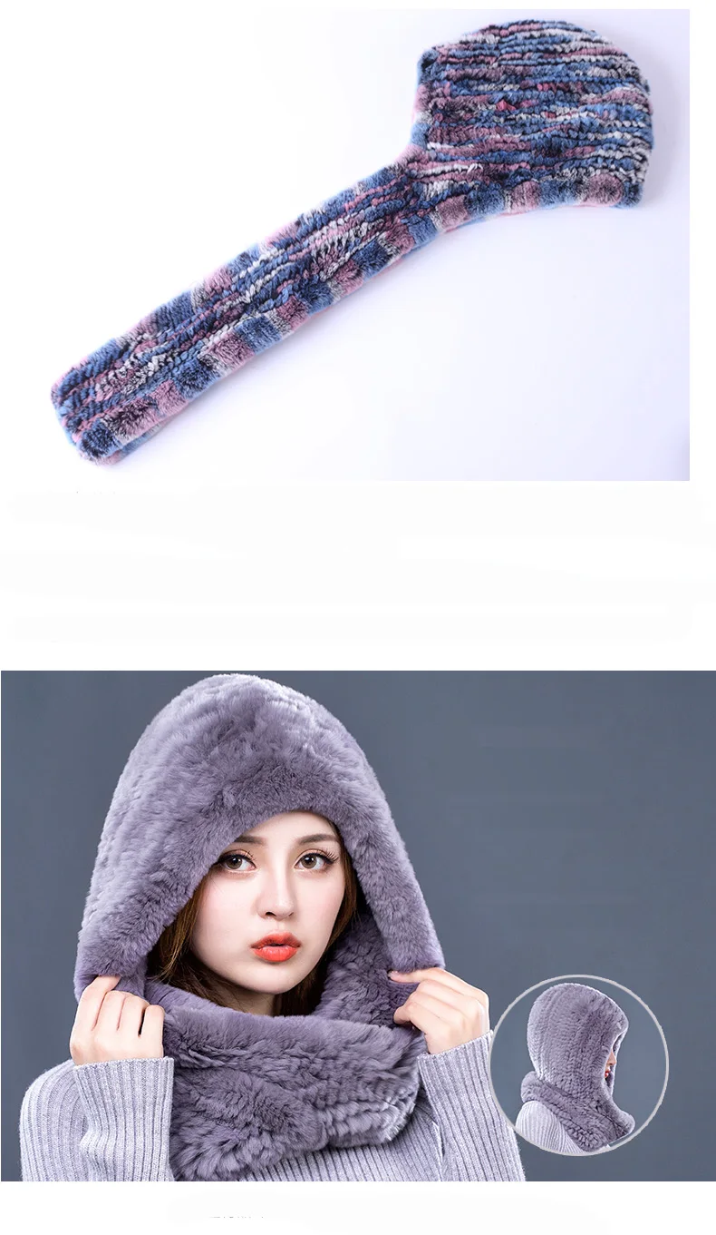 Hat Women 2017 New Knitted Real Rex Rabbit Fur Hat Hooded Scarf Winter Warm Natural Fur Hat With Neck Scarves (7)