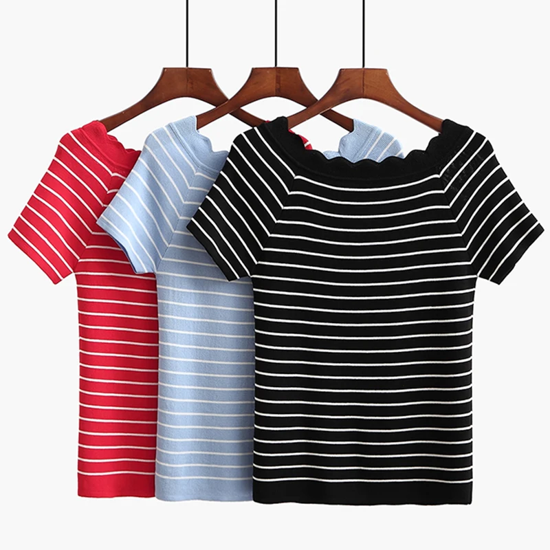 EZSSKJ Striped Knitted Women T Shirt Summer Short Sleeves T Shirt Elasticity Female T-Shirt slash neck casual solid top tees
EZSSKJ Striped Knitted Women T Shirt Summer Short Sleeves T Shirt Elasticity Female T-Shirt slash neck casual solid top tees
