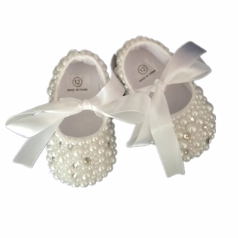 

Dollbling Christening Pearls Rhinestones Clear Crystal Baby Shoes Custom Buyer White Ribbon Match Magic Childhood Keepsake