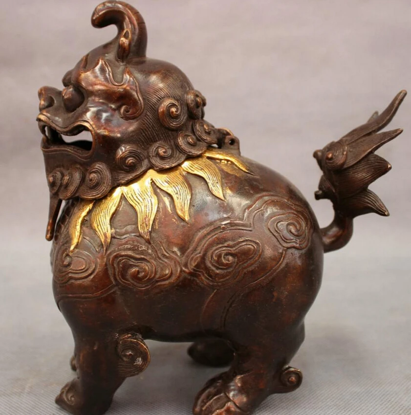 S3975 8" Folk Chinese Bronze Gilt Lion PiXiu Unicorn Head Statue Incense Burner Censer D0317
S3975 8" Folk Chinese Bronze Gilt Lion PiXiu Unicorn Head Statue Incense Burner Censer D0317