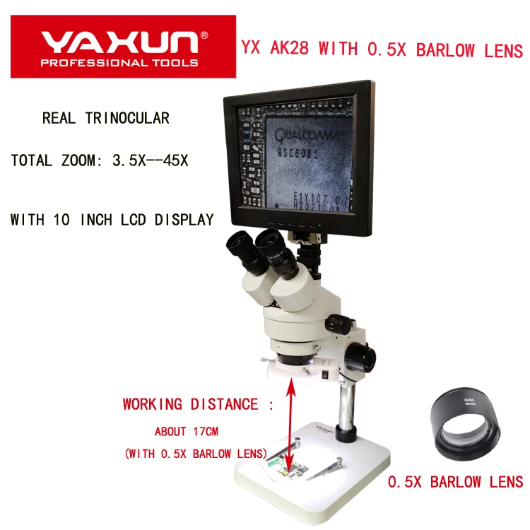 YAXUN AK28 With 0.5x Barlow lens Stereo microscope ,17cm Long working distance Real trinocular microscope with 10.1 inch screen
YAXUN AK28 With 0.5x Barlow lens Stereo microscope ,17cm Long working distance Real trinocular microscope with 10.1 inch screen
