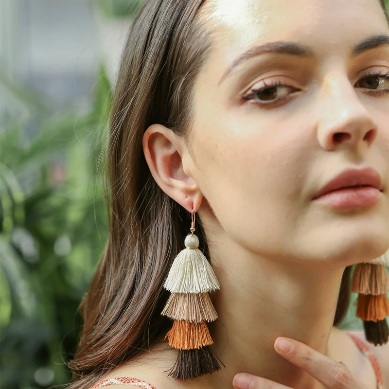 

2019 Ethnic Bohemia 4 Layered Tassel Summer Dangle Earrings Fashion Jewelry Multi color Statement Fringe Long Earring For Women