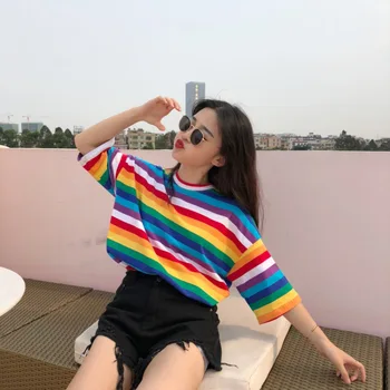 YYFS Rainbow Striped T shirt Women Harajuku Tops 2020 New T Shirts Summer Short Sleeve Korean streetwe T-shirt camiseta feminina
YYFS Rainbow Striped T shirt Women Harajuku Tops 2020 New T Shirts Summer Short Sleeve Korean streetwe T-shirt camiseta feminina