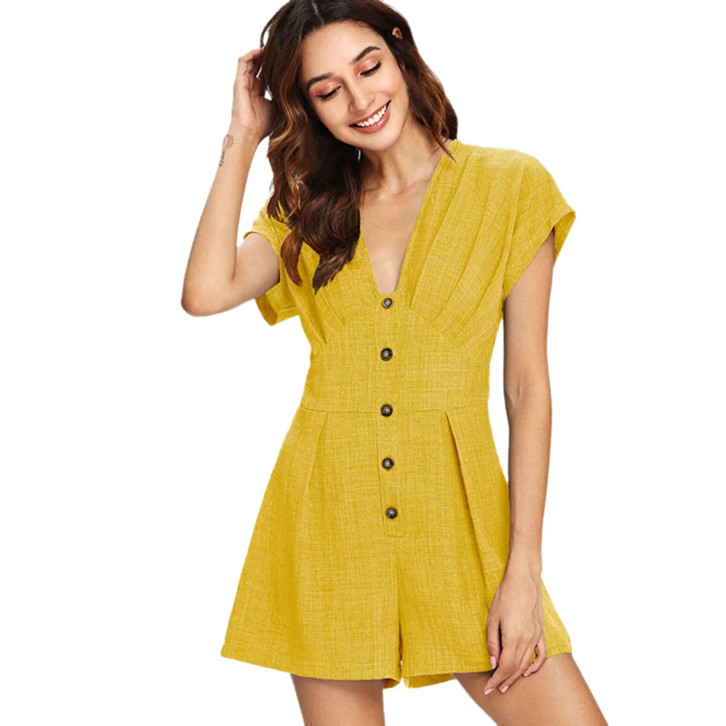 Women's Summer Casual Playsuits Short Sleeve Deep V Neck High Waist Jumpsuits With Buttons Pleated Wide Leg Rompers Combinaison
Women's Summer Casual Playsuits Short Sleeve Deep V Neck High Waist Jumpsuits With Buttons Pleated Wide Leg Rompers Combinaison