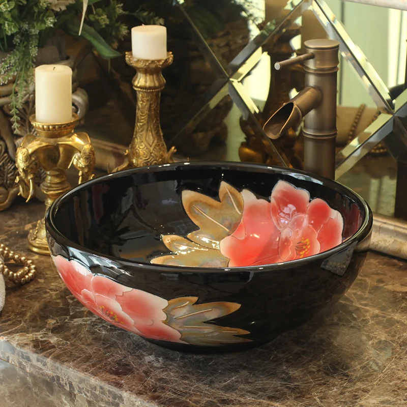 Bthroom Counter Top Wash Basin Cloakroom Hand Painted Vessel Sink bathroom sinks porcelain wash basin black with peony pattern
Bthroom Counter Top Wash Basin Cloakroom Hand Painted Vessel Sink bathroom sinks porcelain wash basin black with peony pattern