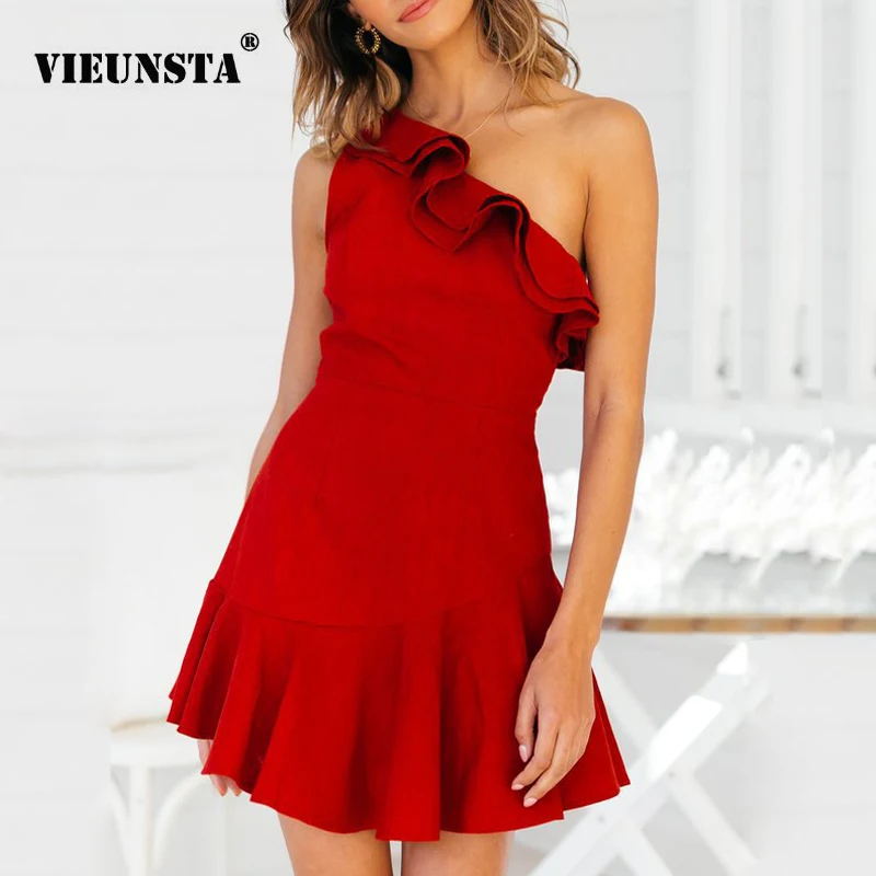 VIEUNSTA Double Ruffle Slash Neck Summer Dress Women 2019 Sexy One-Shoulder Sleeveless A-Line Mini Dress Solid Beach Party Dress
VIEUNSTA Double Ruffle Slash Neck Summer Dress Women 2019 Sexy One-Shoulder Sleeveless A-Line Mini Dress Solid Beach Party Dress