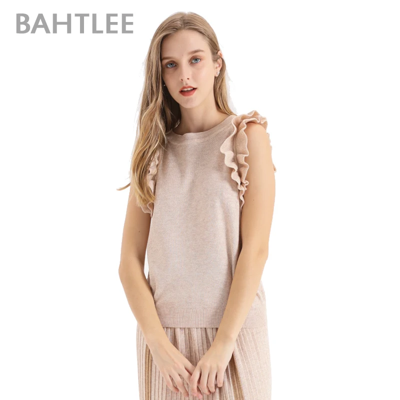 BAHTLEE Summer Woman Frilled Trim Knitted Slim Fitted Tee Sleeveless T-Shirt Women Elegant Solid O-Neck Sweater Tshirt Ruffles
BAHTLEE Summer Woman Frilled Trim Knitted Slim Fitted Tee Sleeveless T-Shirt Women Elegant Solid O-Neck Sweater Tshirt Ruffles