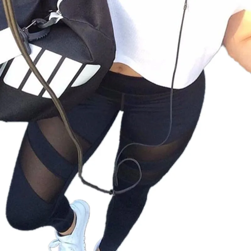 Фото Женские леггинсы черные сексуальные сетчатые брюки-карандаш в стиле пэчворк