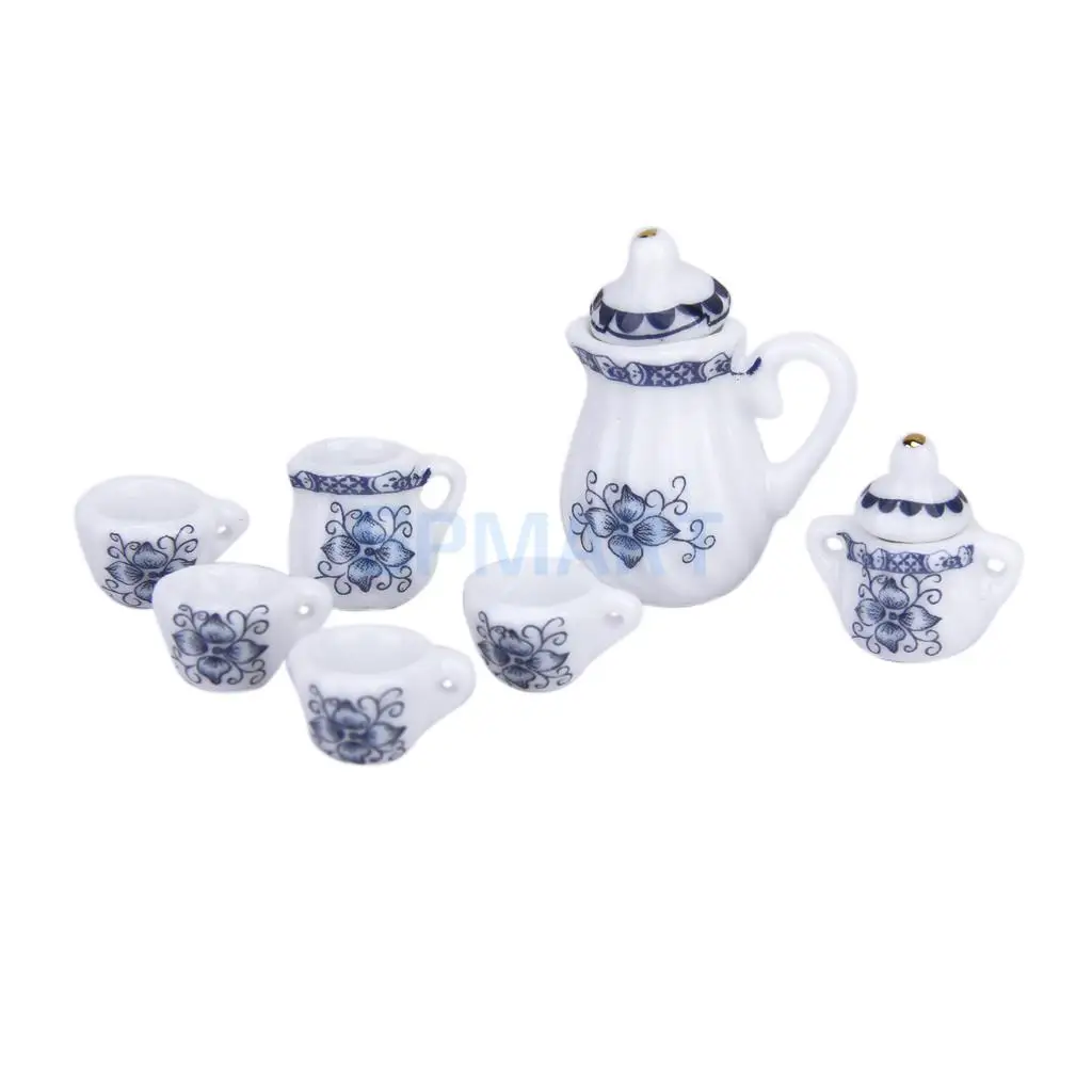 MagiDeal 15Pcs Dollhouse Miniature Dining Ware Blue Porcelain Tea Coffee Set Dish Cup Plate Furniture Decor Pretend Play Toys