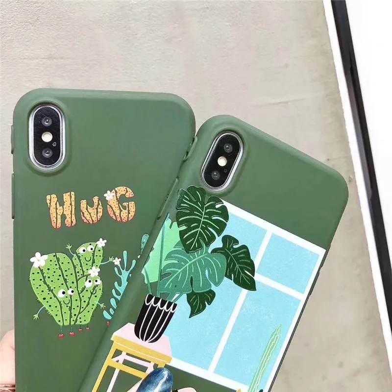 LUDI Cute Cartoon Dog Cactus Phone Case for iPhone 7 7Plus Simple Letters Green Leaves Soft Phone Bags for iPhone X 6 6S 8 Plus 05