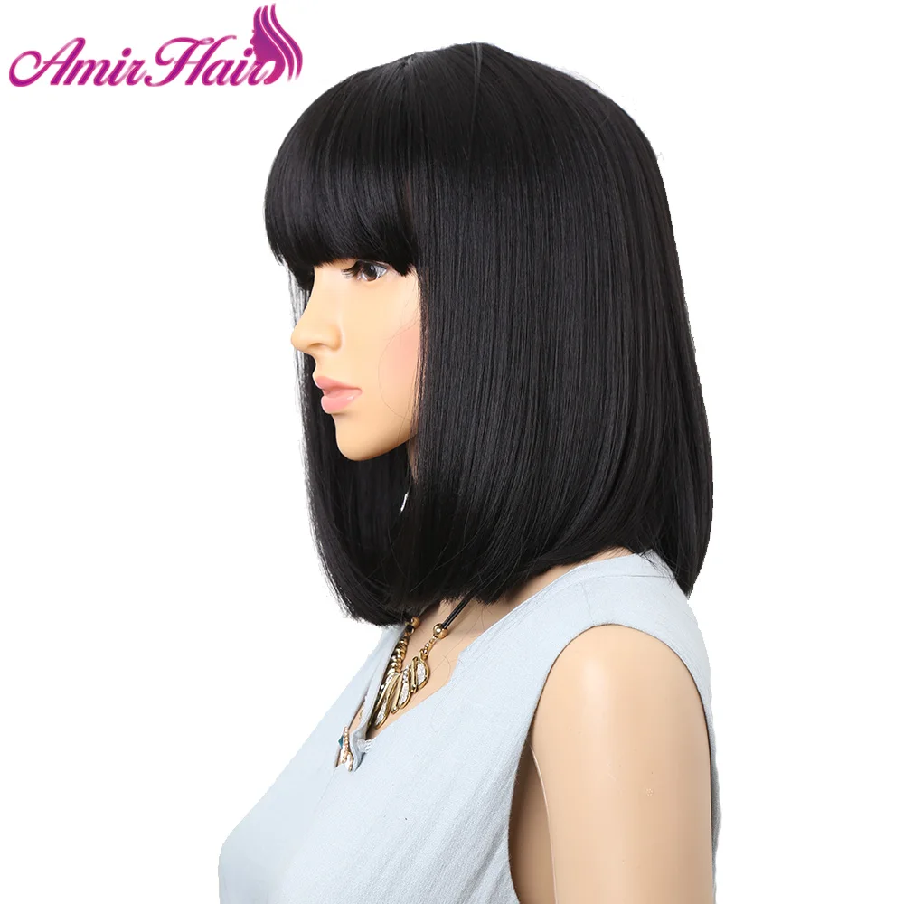 Amir Straight Black Synthetic Wigs With Bangs For Women Medium