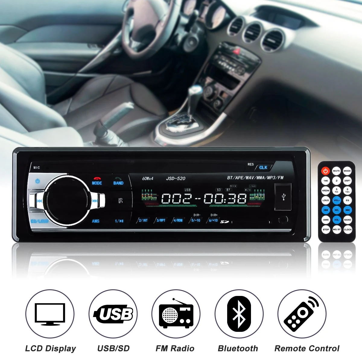 Auto Car 1 DIN Bluetooth In Dash Stereo Headunit Radio Audio MP3 Player USB WMA In-dash AUX FM 12V