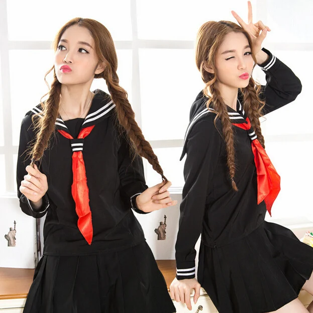 JK Cosplay Black japanese School uniform 2 white bar Sailor collar sailor uniform shirt +skirt +Scarf
JK Cosplay Black japanese School uniform 2 white bar Sailor collar sailor uniform shirt +skirt +Scarf