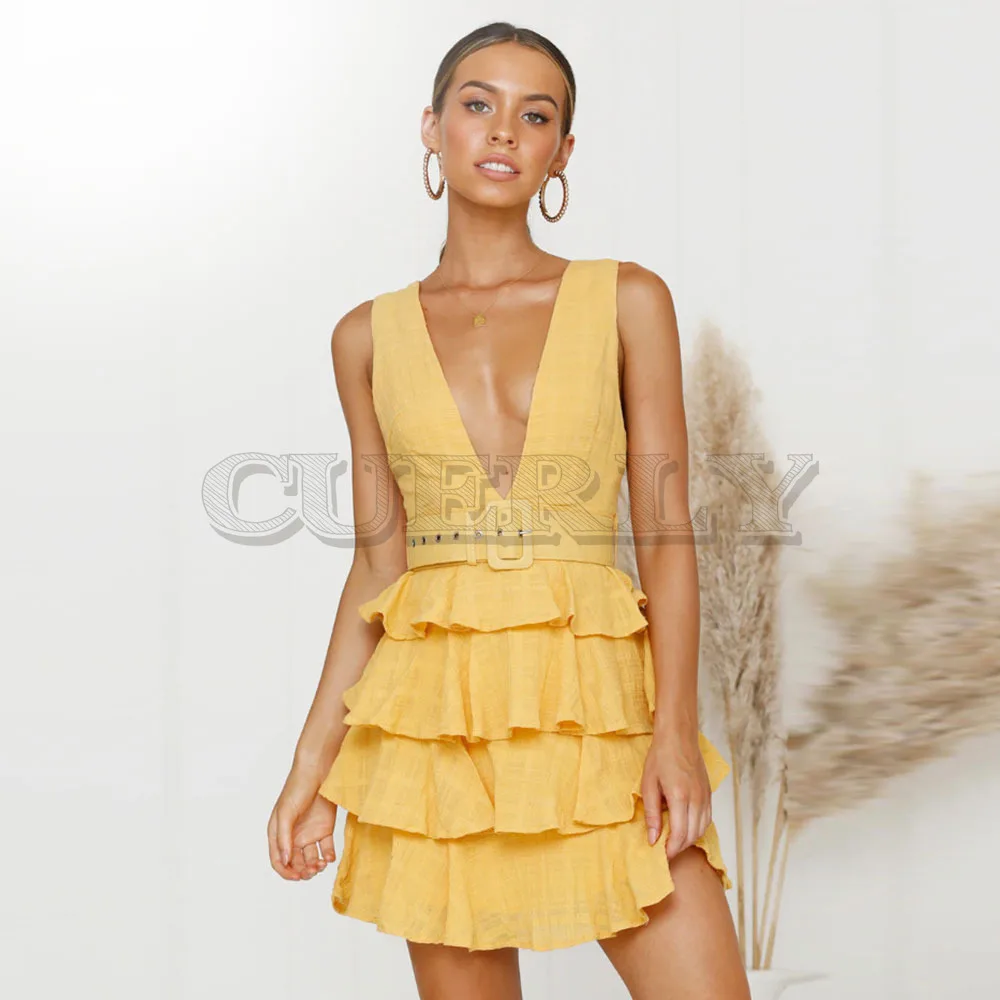Cuerly High Quality 2019 Yellow Summer Women Backless Sashes Mini Cake Dress Sleeveless V-neck Ruffles Party Dress vestidos L8
Cuerly High Quality 2019 Yellow Summer Women Backless Sashes Mini Cake Dress Sleeveless V-neck Ruffles Party Dress vestidos L8
