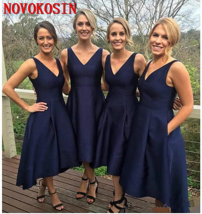 Fashion Navy Blue 2019 Bridesmaid Dresses Satin High Low V-Neck Simple Maid Of Honor Party Gowns Formal Prom Dress With Pocket
Fashion Navy Blue 2019 Bridesmaid Dresses Satin High Low V-Neck Simple Maid Of Honor Party Gowns Formal Prom Dress With Pocket