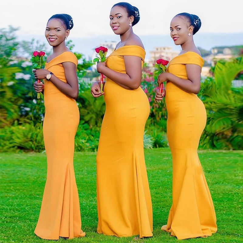 Off Shoulder African Bridesmaid Dress Yellow Elastic Satin Mermaid Style Long Wedding Party Dresses Simple Women Robe De Soiree
Off Shoulder African Bridesmaid Dress Yellow Elastic Satin Mermaid Style Long Wedding Party Dresses Simple Women Robe De Soiree