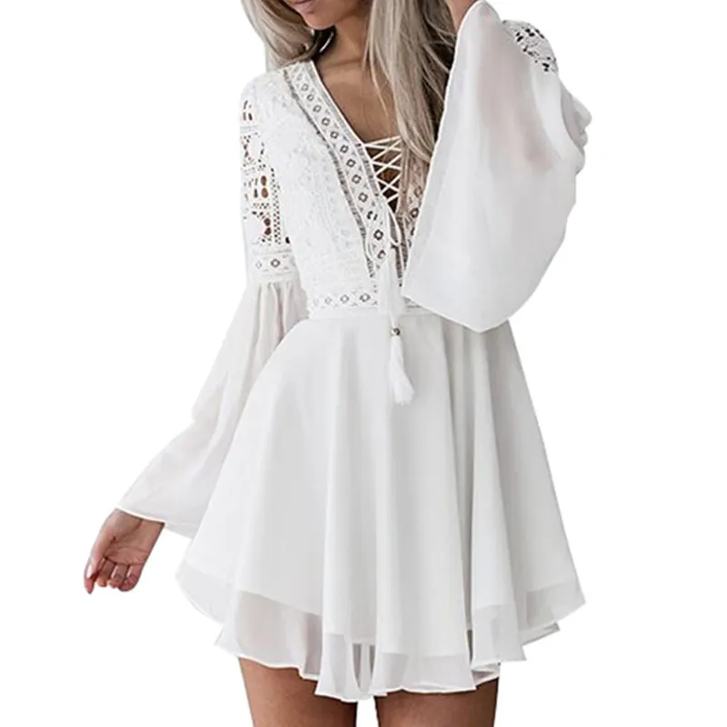 

Hollow Out White Dress Sexy Women Mini Chiffon Dress Criss Cross Semi-sheer Plunge V-Neck Long Sleeve Crochet Lace Dress Black