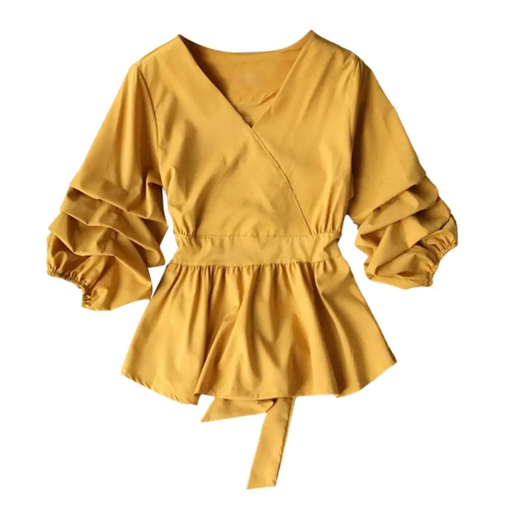 Fashion Summer Elegant Women Shirts Clothing Solid Color V Neck Pleated 3/4 Puff Sleeve Back Bow Lady Casual Blouse Top Tees
Fashion Summer Elegant Women Shirts Clothing Solid Color V Neck Pleated 3/4 Puff Sleeve Back Bow Lady Casual Blouse Top Tees