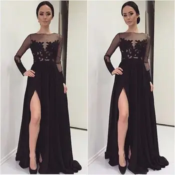fashion simple black Prom Dresses with long sleeves high slit boat neck appliques lace chiffon formal gowns Vestidos de baile
fashion simple black Prom Dresses with long sleeves high slit boat neck appliques lace chiffon formal gowns Vestidos de baile