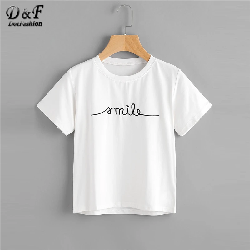 Dotfashion Letter Embroidered Tee Short Sleeve Regular Fit Preppy Tee Shirt 2019 Summer New White Round Neck Casual Women Top
Dotfashion Letter Embroidered Tee Short Sleeve Regular Fit Preppy Tee Shirt 2019 Summer New White Round Neck Casual Women Top