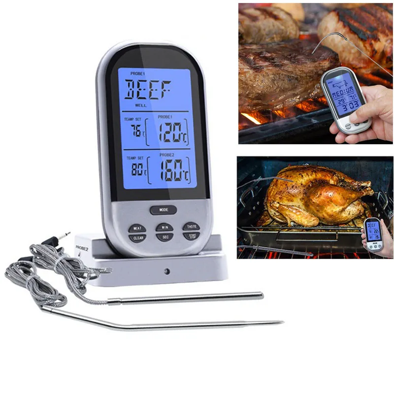 Image Upgrade Smart RF Wireless Meat Thermometer Kitchen Food Barbecue Thermometers For Oven BBQ With Waterproof Double Probe Timer