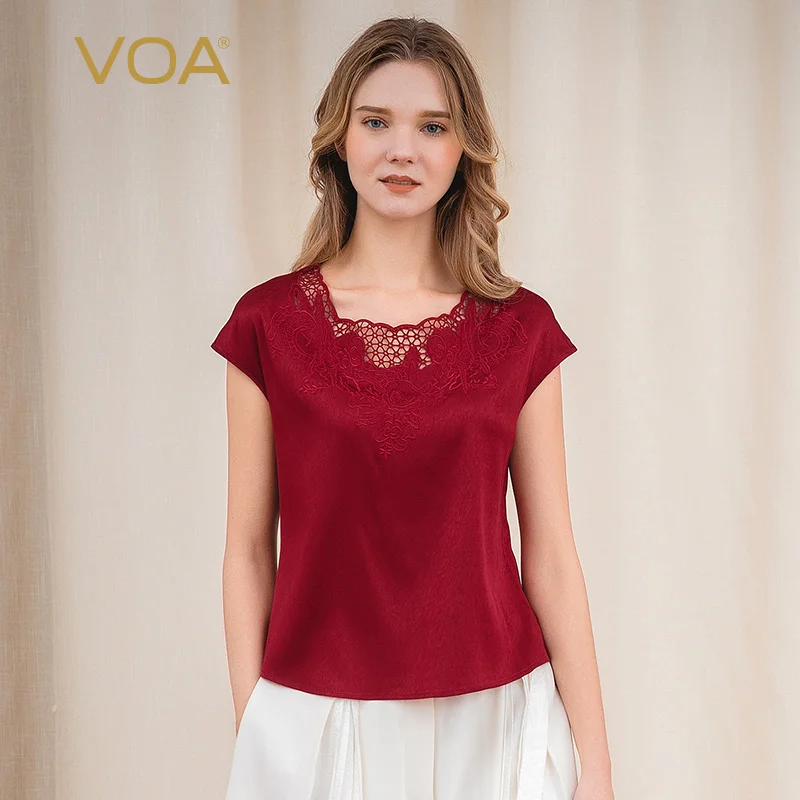 VOA Silk Micro-bomb Shoulder Short sleeve Hollow Round neck Embroidered decoration Simple T-shirt BJ931
VOA Silk Micro-bomb Shoulder Short sleeve Hollow Round neck Embroidered decoration Simple T-shirt BJ931