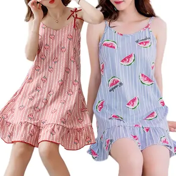 Fresh Style Women Girl Bowknot Sling Nightgown Cute Cartoon Strawberry Watermelon Printing Sleepwear Pleated Ruffled Hem
Fresh Style Women Girl Bowknot Sling Nightgown Cute Cartoon Strawberry Watermelon Printing Sleepwear Pleated Ruffled Hem