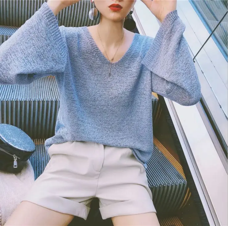 HCBLESS Women sweater 2018 Autumn New front and rear V-neck tie rope thin versatile casual top | Женская одежда