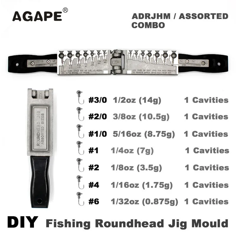 Agape DIY Fishing Roundhead Jig Mould ADRJHM/ASSORTED COMBO 1/32oz, 1/16oz, 1/8oz, 1/4oz, 5/16oz, 3/8oz, 1/2oz 7 Cavities
Agape DIY Fishing Roundhead Jig Mould ADRJHM/ASSORTED COMBO 1/32oz, 1/16oz, 1/8oz, 1/4oz, 5/16oz, 3/8oz, 1/2oz 7 Cavities