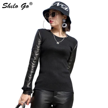 Streetwear Leather Blouses Women Casual O Neck Knitted Spliced Sheepskin Genuine Leather Lace Fur Cuff Shirts Concise Female
Streetwear Leather Blouses Women Casual O Neck Knitted Spliced Sheepskin Genuine Leather Lace Fur Cuff Shirts Concise Female