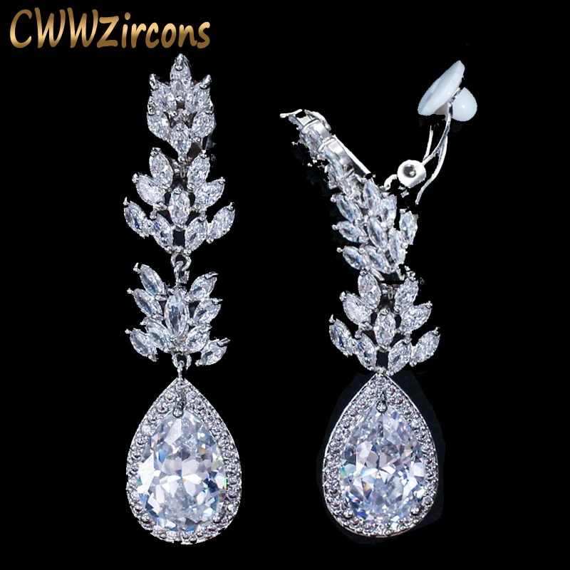 

CWWZircons No Hole Pierced Ear Design Cubic Zirconia Crystal Pave Women Long Water Drop Clip on Earrings without Piercing CZ411