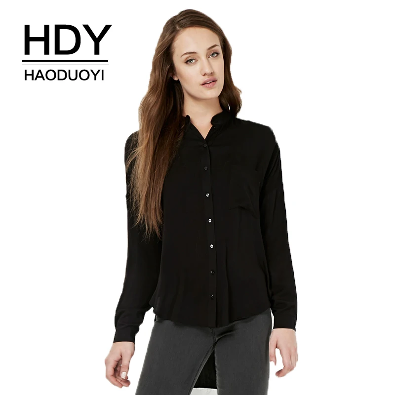 Женская рубашка с длинным рукавом HDY Haoduoyi черная/белая Повседневная оверсайз