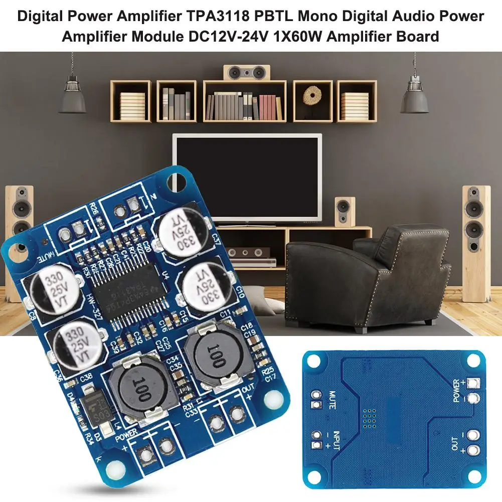 Digital Power Amplifier TPA3118 PBTL Mono Digital Audio Power Amplifier Module DC12V-24V 1X60W Amplifier Board
Digital Power Amplifier TPA3118 PBTL Mono Digital Audio Power Amplifier Module DC12V-24V 1X60W Amplifier Board