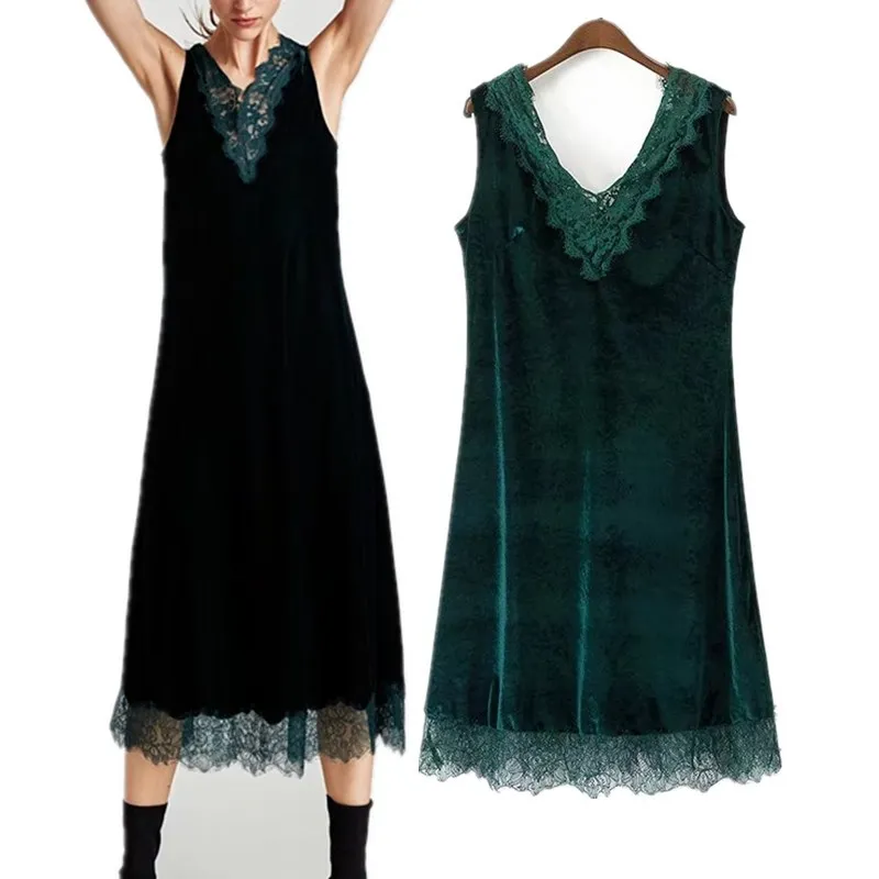 Jellpe New Arrival Sexy V-neck Dresses Lace Green Velvet Slim Tank Dress Autumn Women's Dress
Jellpe New Arrival Sexy V-neck Dresses Lace Green Velvet Slim Tank Dress Autumn Women's Dress