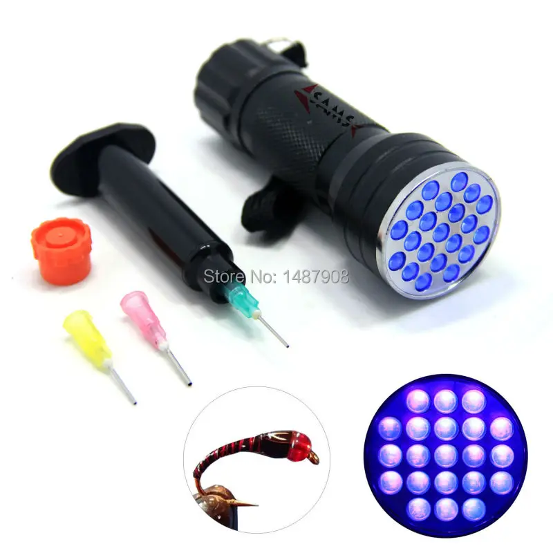 

SAMSFX Fishing 21 LEDs Super Bright Light UV Glue Cure Flashlight and Syringe Coating Tools Fly Tying UV Kits Buzzer Bug Nymph