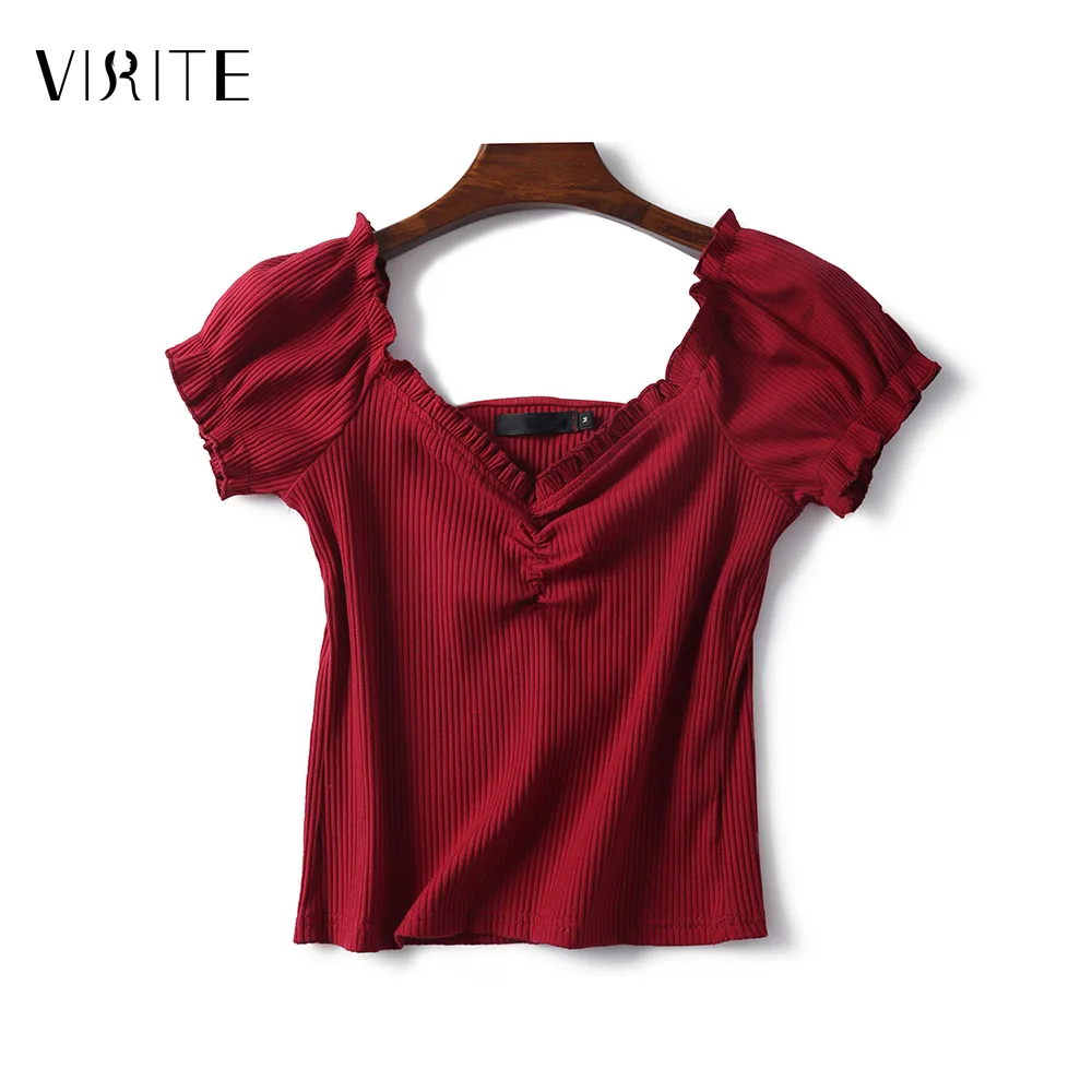VIRITE 2019 Summer Knitted Crop Top Women Solid Short Sleeve Puff Sleeves Tees Sexy V-neck t Shirts elastic Camisole Female
VIRITE 2019 Summer Knitted Crop Top Women Solid Short Sleeve Puff Sleeves Tees Sexy V-neck t Shirts elastic Camisole Female