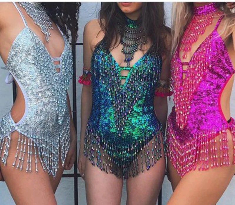 

Backless Sequins bodysuit women Bodycon Jumpsuit Romper sexy tassel body feminino Elegant beachwear macacao feminino