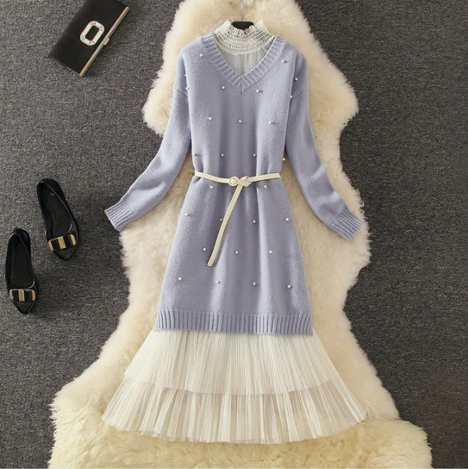 2019 New Fashion Women's Spring Autumn Sweet V-neck Long Sleeve Beading Sweater Dress + White Gauze Dress Two Piece Dress Set
2019 New Fashion Women's Spring Autumn Sweet V-neck Long Sleeve Beading Sweater Dress + White Gauze Dress Two Piece Dress Set