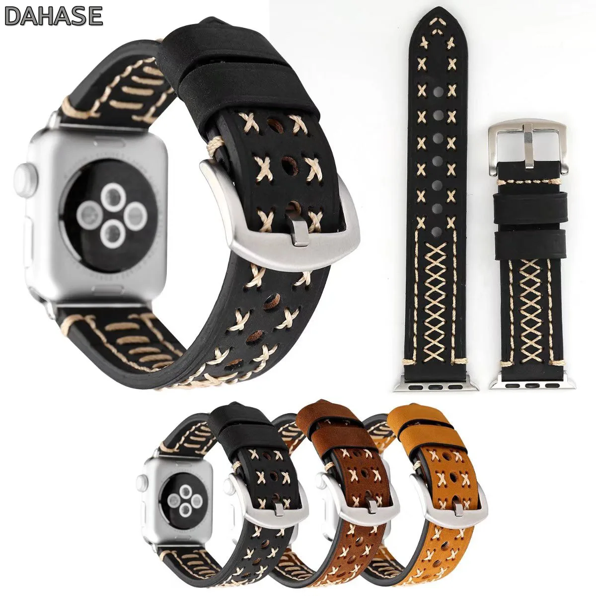 

DAHASE Retro Cross Genuine Leather Watch Band for Apple Watch Series 8 7 6 5 4 3 Strap Metal Buckle Band for iWatch 42mm 38mm