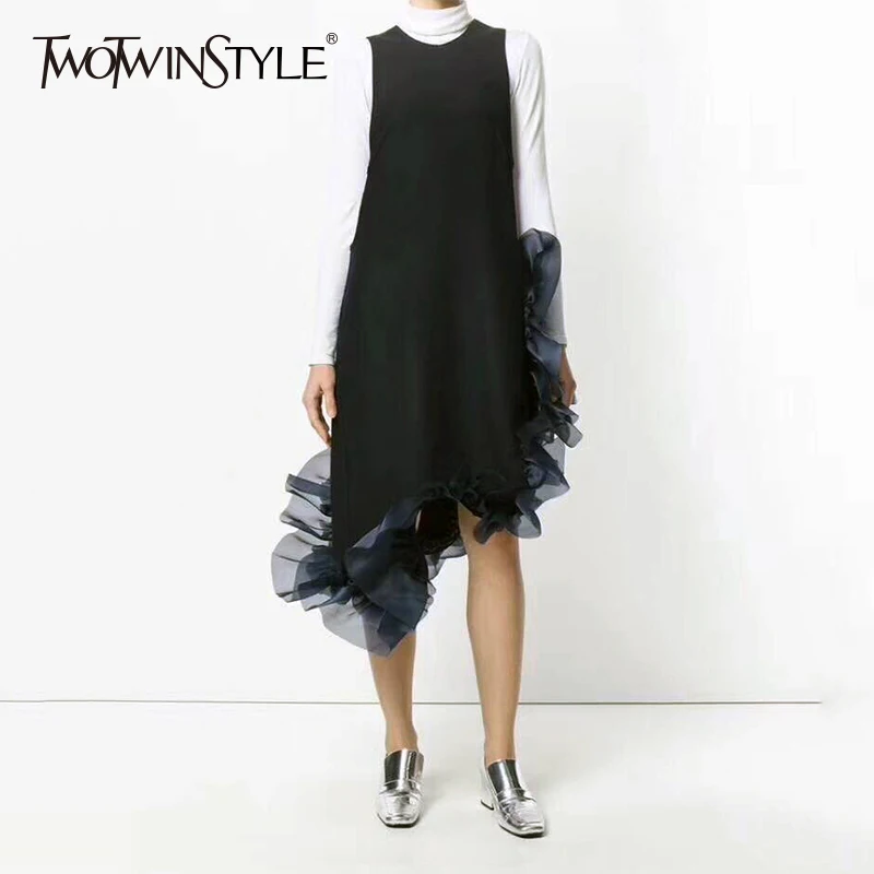 TWOTWINSTYLE Sleeveless Dress Ladies O Neck Ruffles Patchwork Asymmetrical Midi Vest Dresses 2019 Spring Summer Fashion Clothing
TWOTWINSTYLE Sleeveless Dress Ladies O Neck Ruffles Patchwork Asymmetrical Midi Vest Dresses 2019 Spring Summer Fashion Clothing
