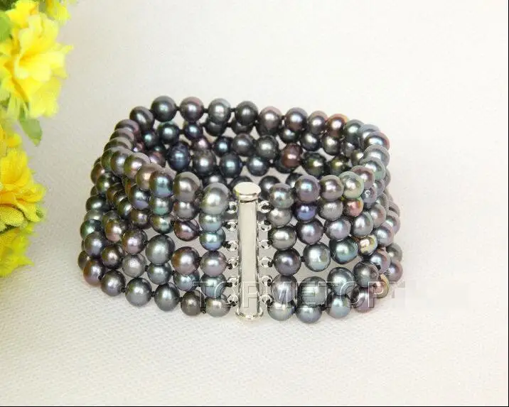 

FREE SHIPPING HOT sell new Style >>>>Genuine 6row 8" 7mm black pearls bracelet magnet clasp E2666