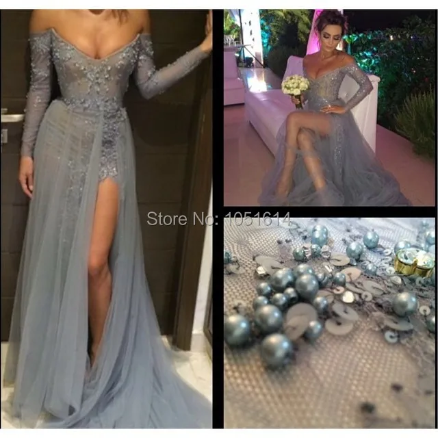 Fashion Arabic Star Sparkle Long Sleeve A Line Deep V-neck Beaded Splite Side Celebrity Dress 2016 Grey Lace New Arrival
Fashion Arabic Star Sparkle Long Sleeve A Line Deep V-neck Beaded Splite Side Celebrity Dress 2016 Grey Lace New Arrival
