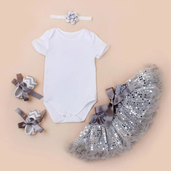 

4PCs per Set Baby Girls Solid White Romper Sequin Tutu Petti Tutu Skirt Flower Headband Shoes for 0-24months