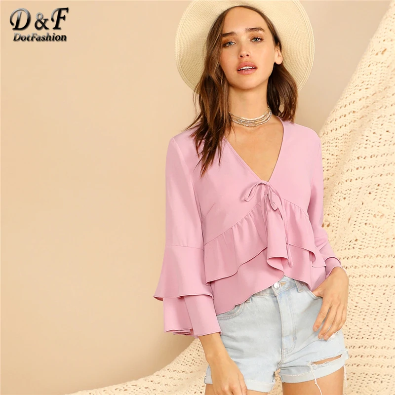 

Dotfashion Pink Bell Sleeve Knot Detail Tiered Womens Tops And Blouses 2019 Boho Spring Summer V Neck Flounce Sleeve Crop Blouse